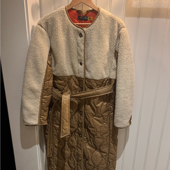 Polo Ralph Lauren women’s Belted Quilted & Sherpa Cream and Brown Coat - Picture 2 of 11